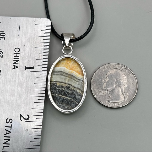 New Zebra Calcite Agate Stone Silver Overlay Pendant Necklace w Cord - Picture 7 of 8